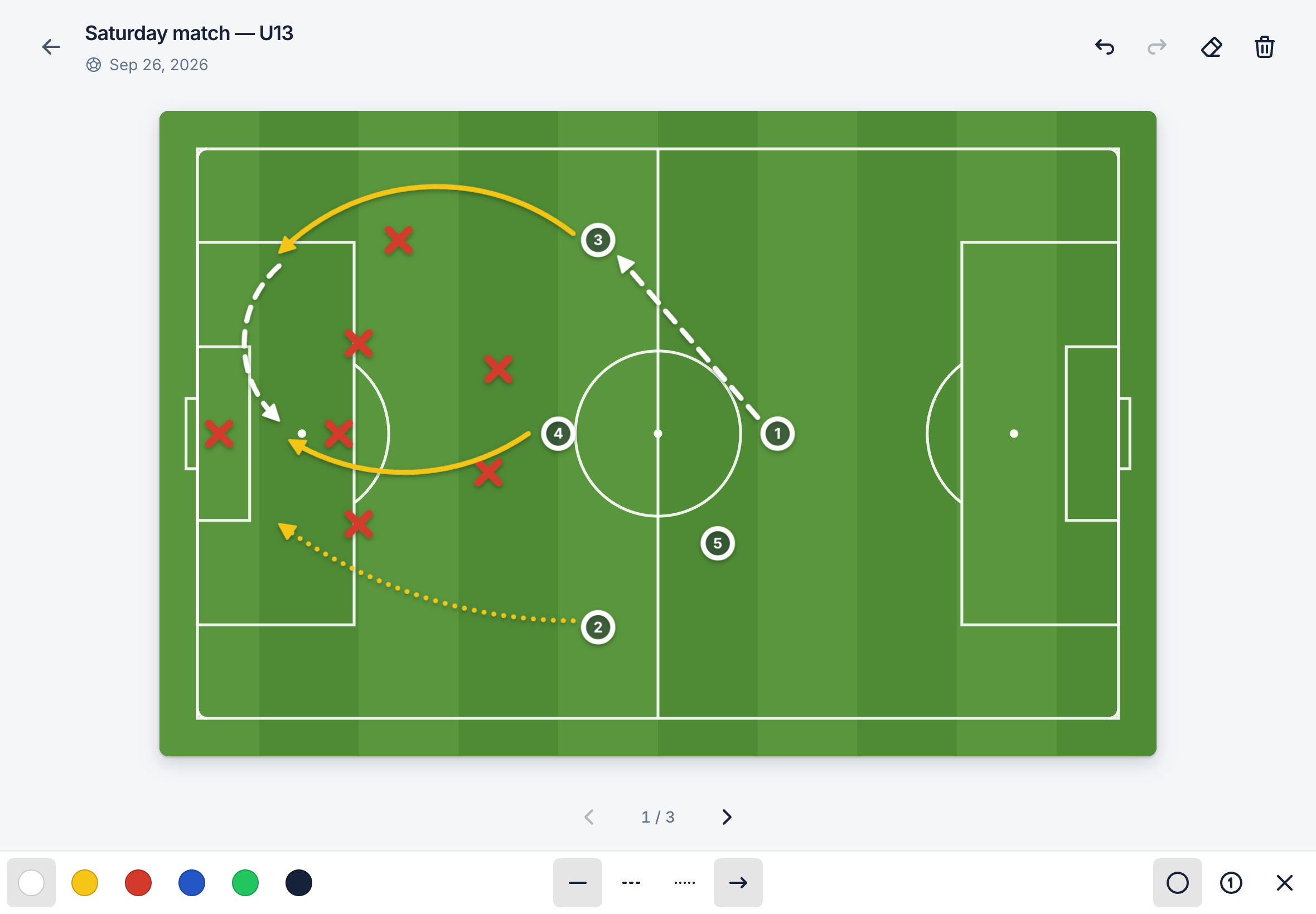 Coach showing a soccer field with players, runs and passes drawn on it