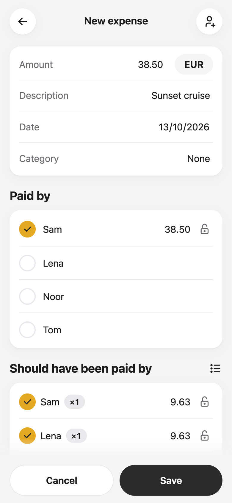 Dime Donkey adding an expense, with who paid and who should have paid
